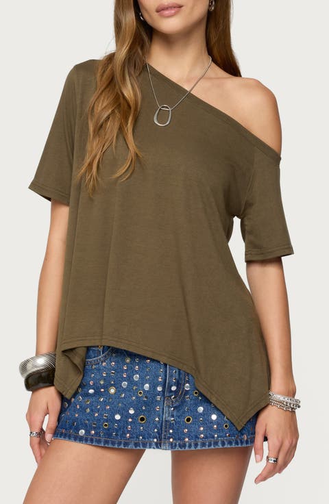 Josy Oversize Off the Shoulder Handkerchief Hem Top