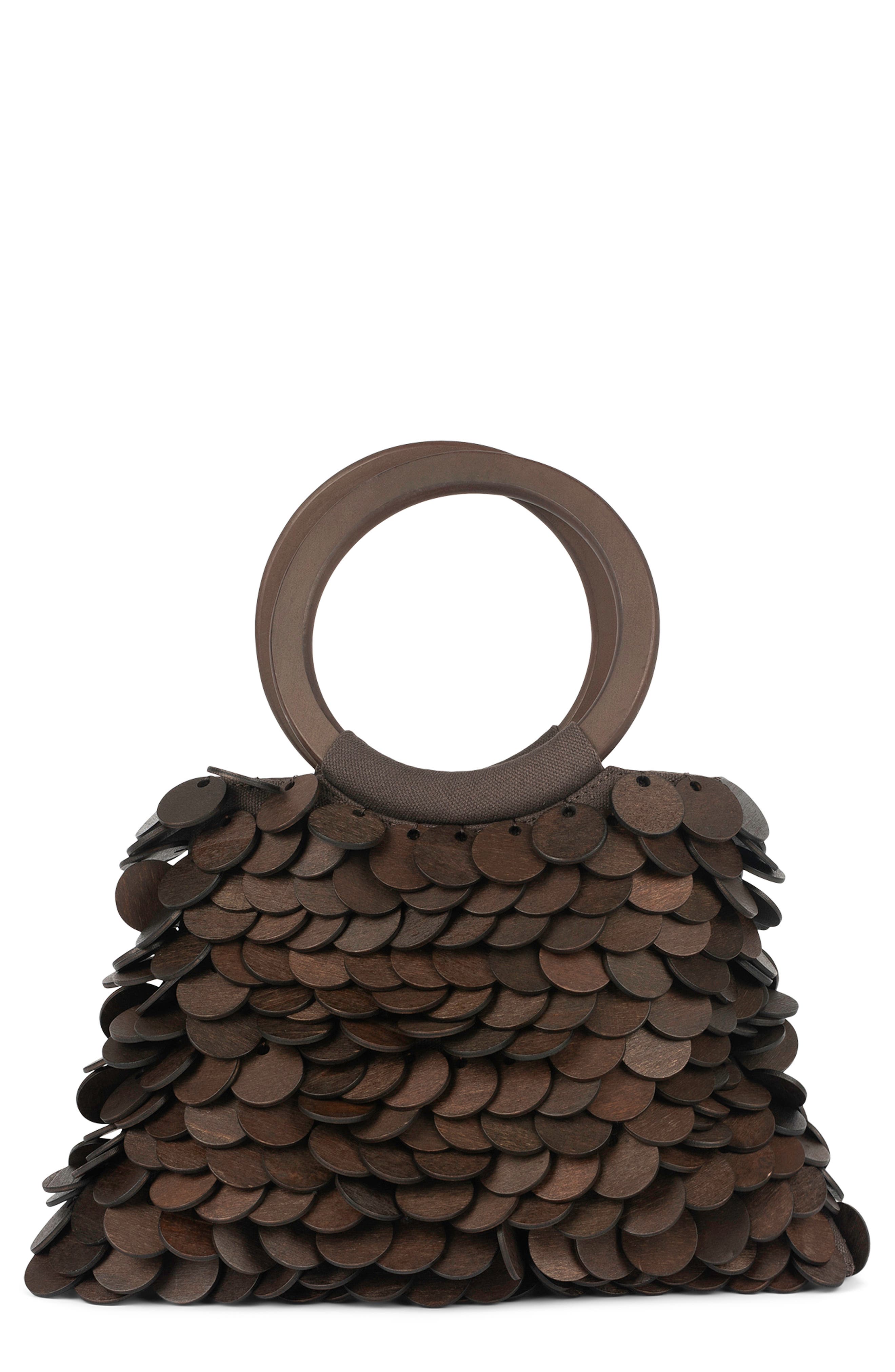 Arianna Wooden Disc Handheld Bag, Main, color, BROWN COMBO