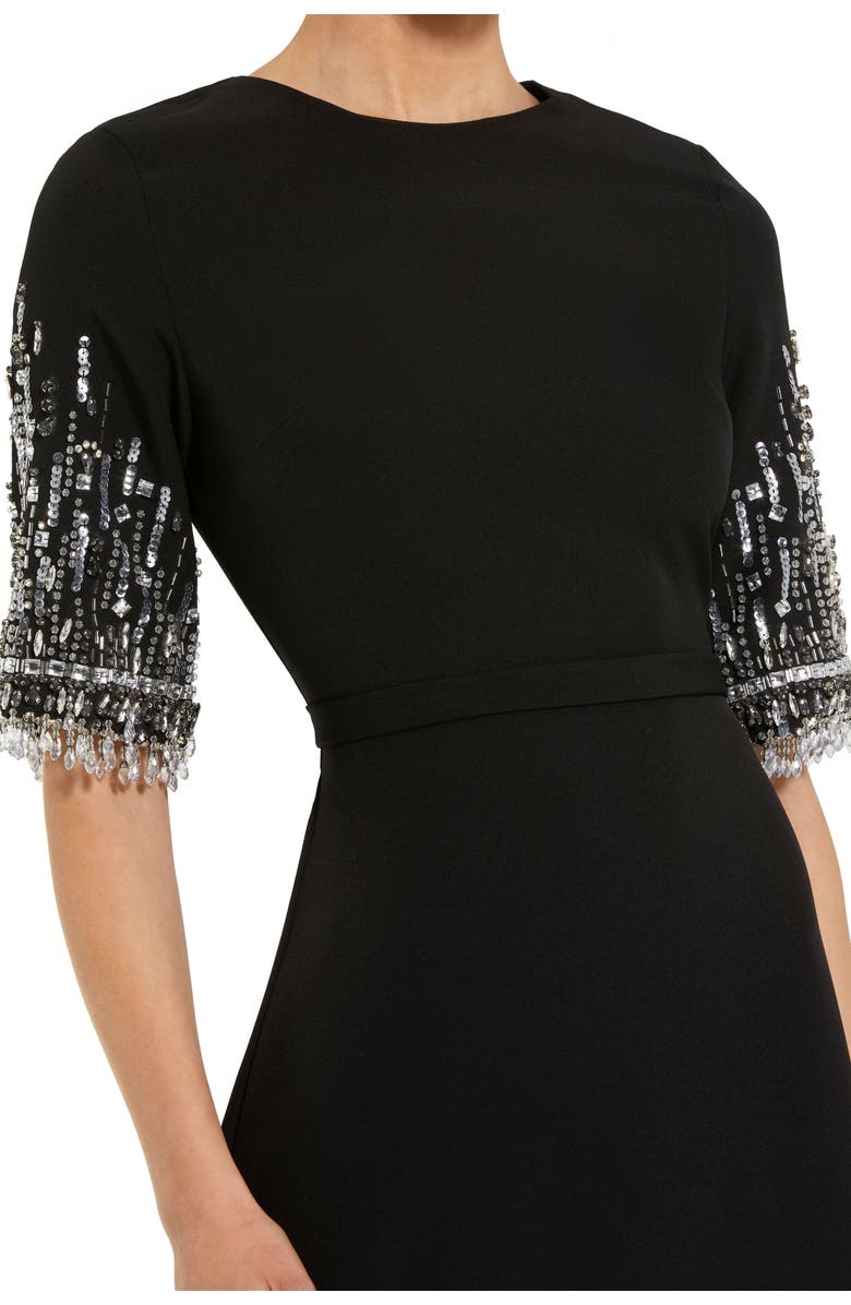 Mac Duggal Crepe A Line Gown With Beaded 3/4 Sleeves, Alternate, color, Black