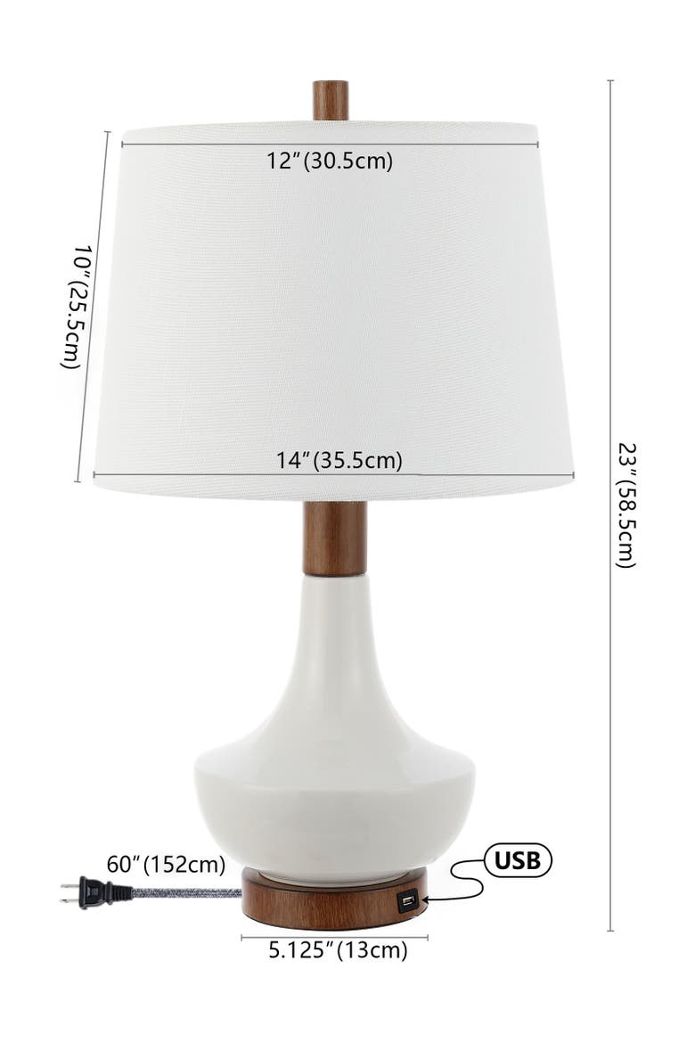 Finn 23" Vintage Minimalist Iron/Ceramic LED Mini Table Lamp with USB Charging Port, Wood Finished/White, Alternate, color, White/Brown Wood Finish