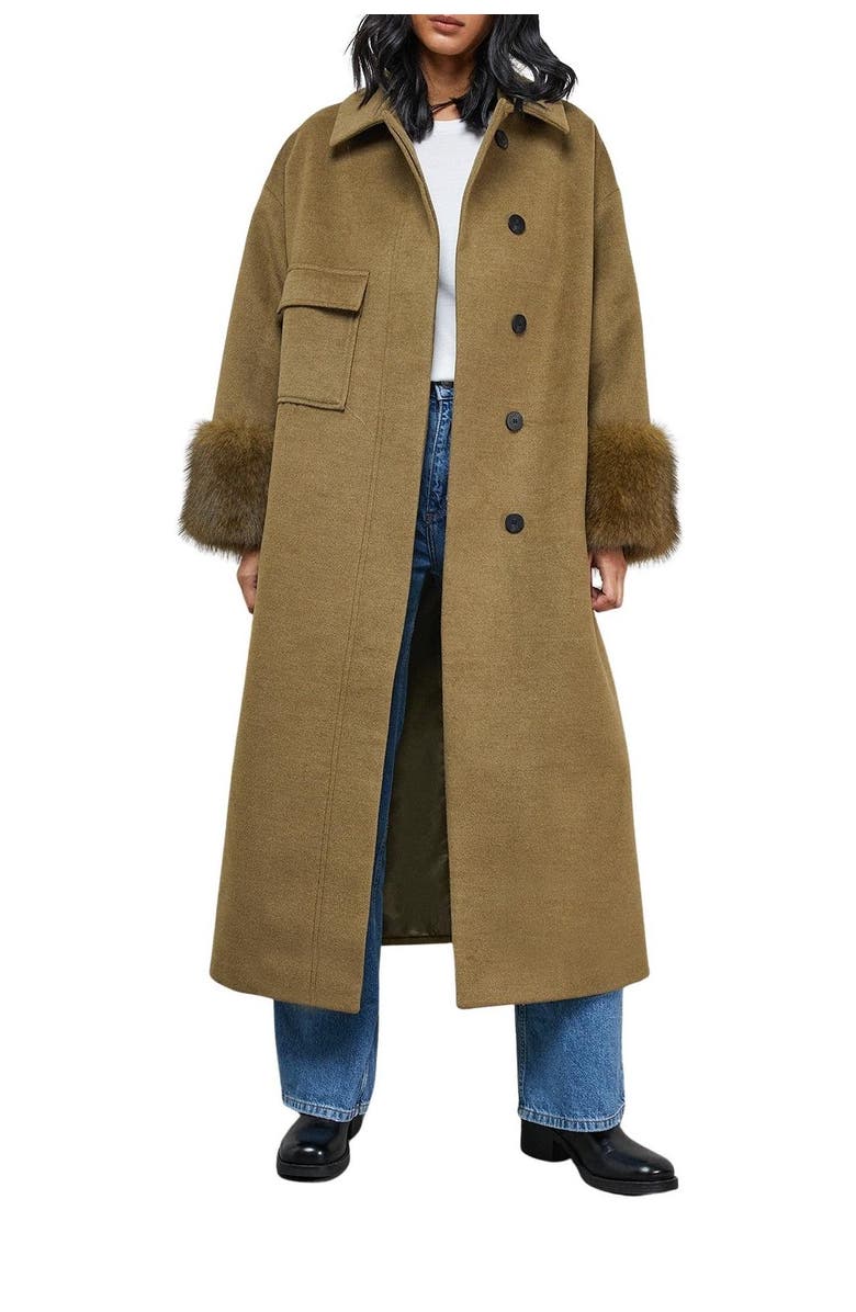 Warehouse Patch Pocket Faux Fur Cuff Maxi Coat, Alternate, color, Green