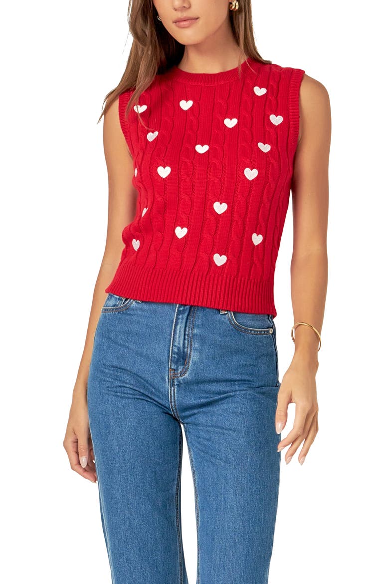 Heart Embroidered Sleeveless Cable Sweater, Main, color, RED