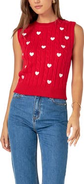 English Factory Heart Embroidered Sleeveless Cable Sweater