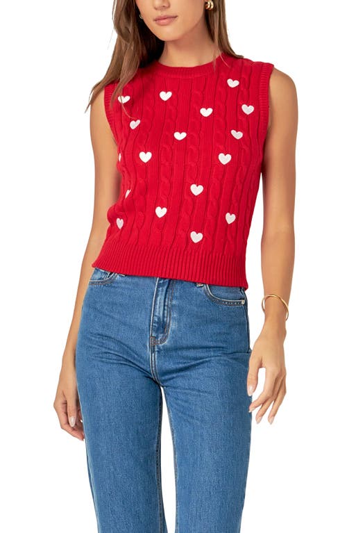English Factory Heart Embroidered Sleeveless Cable Sweater In Red