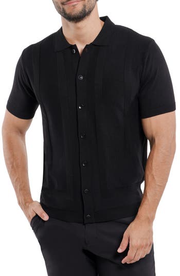 Shop Spring + Mercer Textured Short Sleeve Button-up Sweater In Black