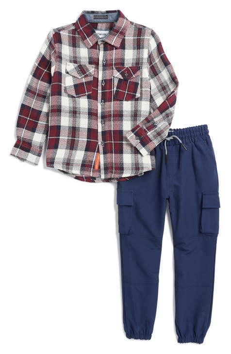 Kids' Plaid Button-Up Shirt & Cargo Pants Set (Little Kid)