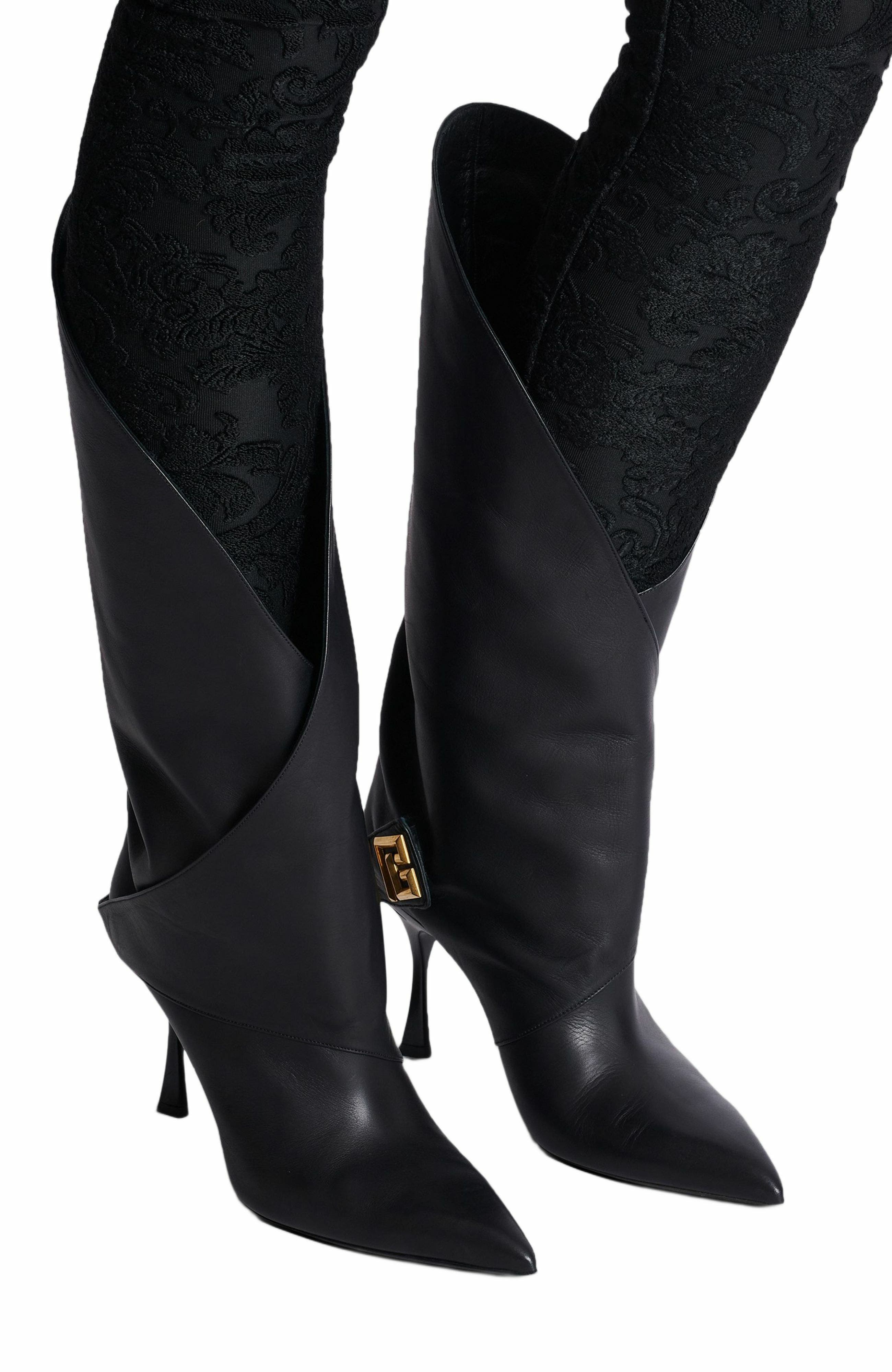 Balmain Twist Heeled Leather Boots, Alternate, color, Black