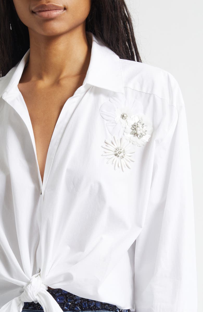 Cinq à Sept Marianna Beaded Floral Appliqué Tie Front Shirt, Alternate, color, White