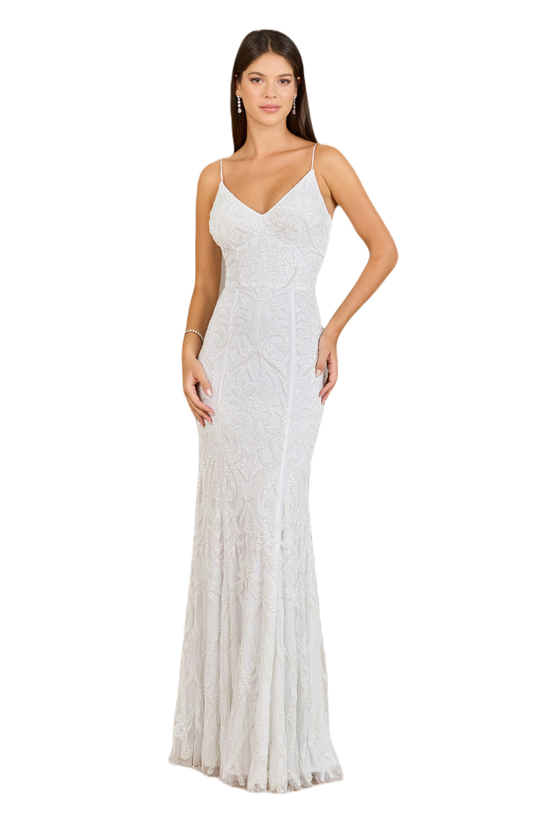 Beaded Spaghetti Strap Mermaid Gown, Alternate, color, Ivory