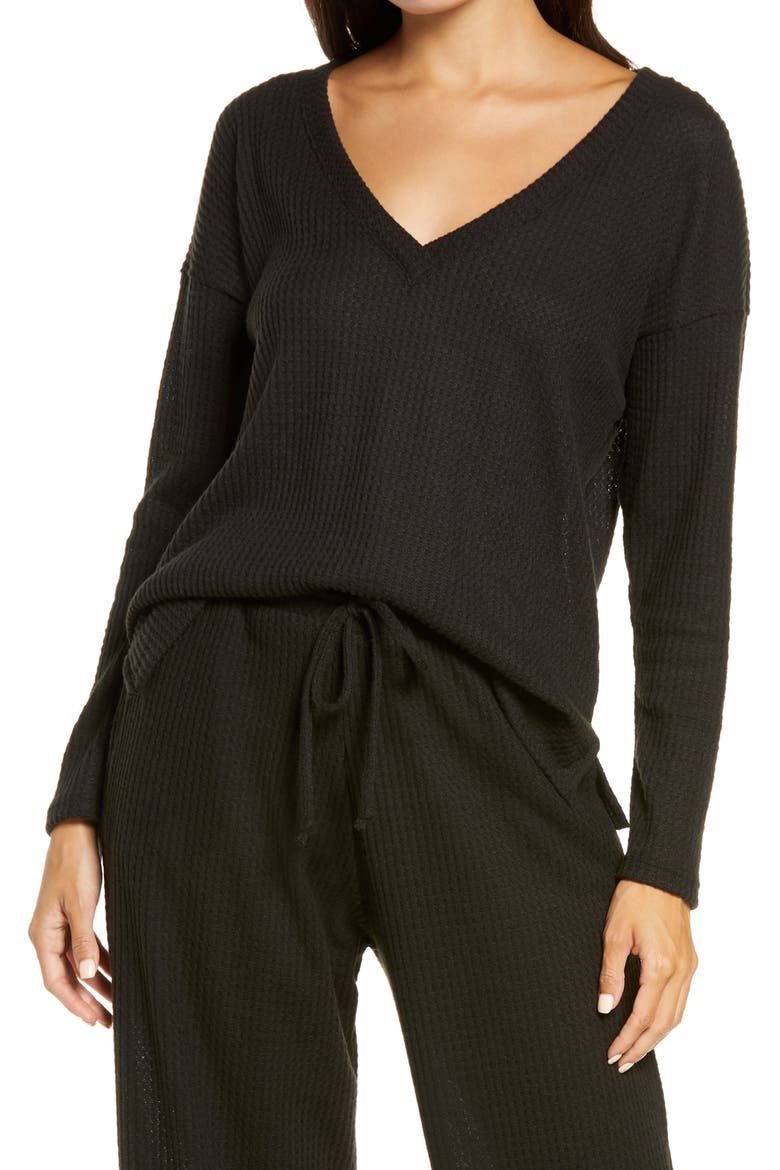 Waffle V-Neck Top, Main, color, BLACK