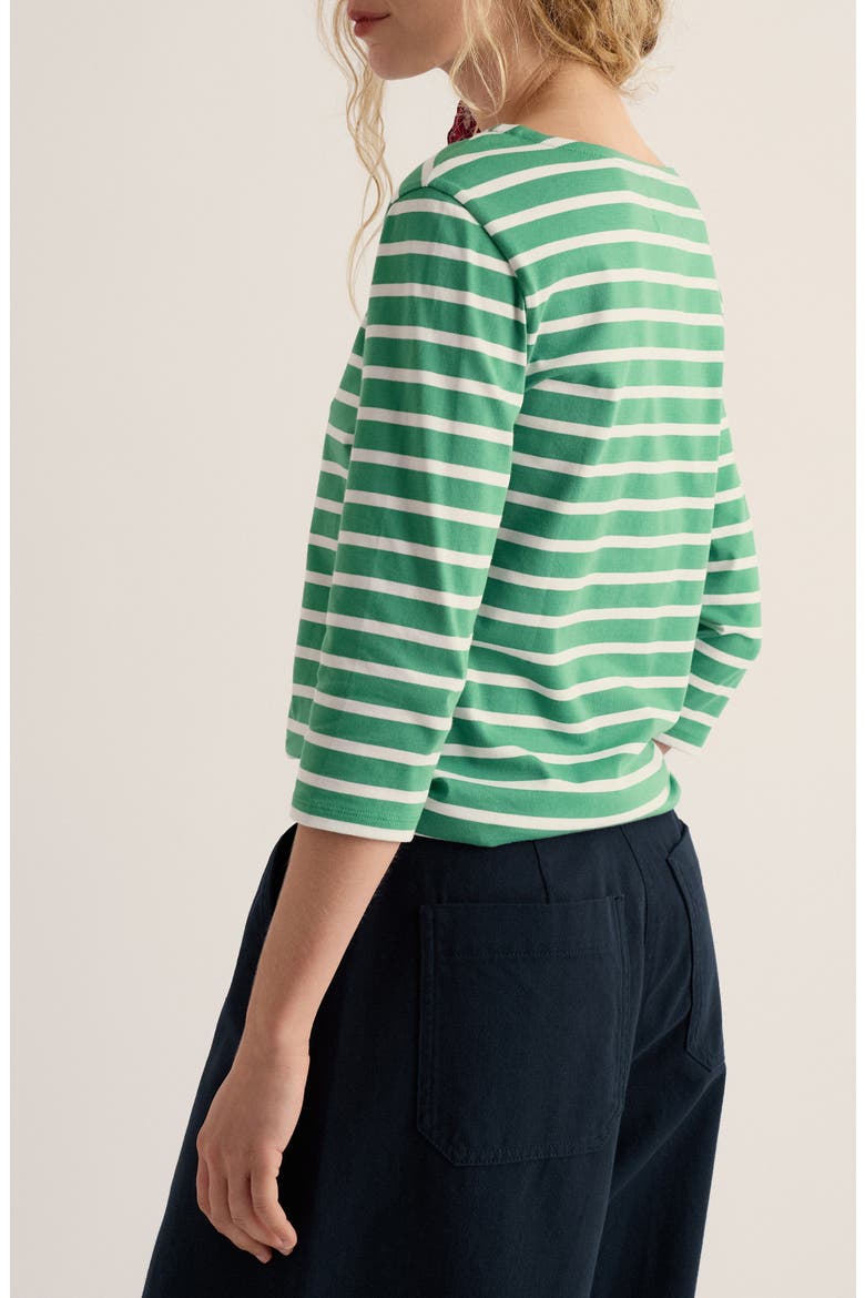 Sailor Stripe Three Quarter Sleeve Organic Cotton T-Shirt, Alternate, color, BRETON PEA POD