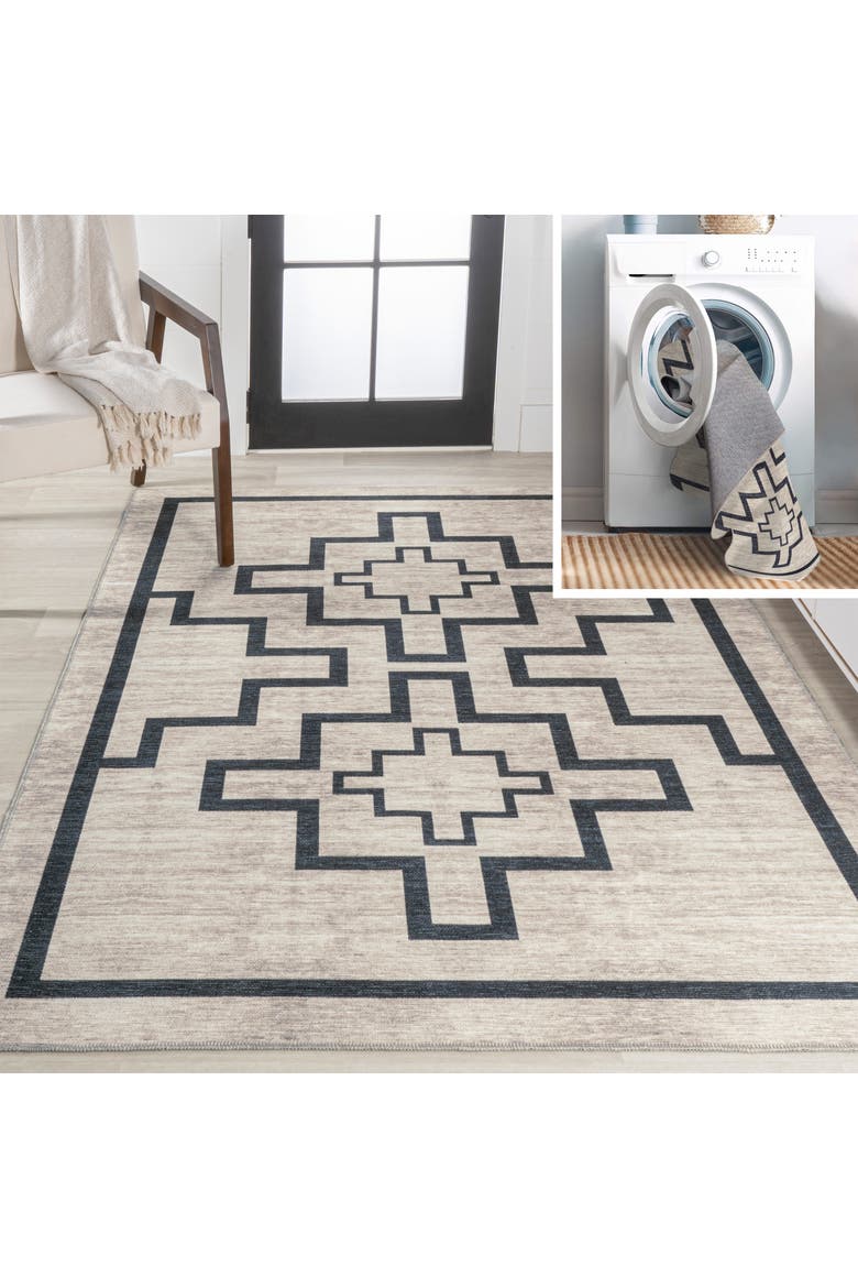 Ashkii Minimalist Medallion Machine-Washable Area Rug, Main, color, Ivory/Dark Gray