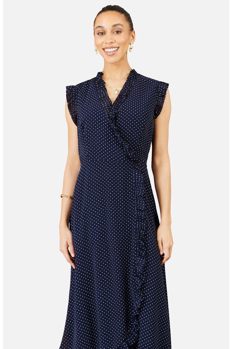 Polka Dot Midi Wrap Dress, Alternate, color, Navy