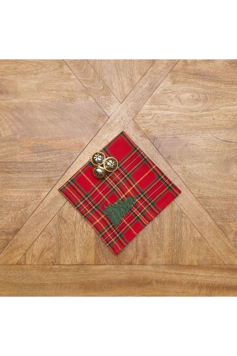 Spruce Tree Embroidery on Plaid Set of 6 Cloth Napkins, Alternate, color, Red