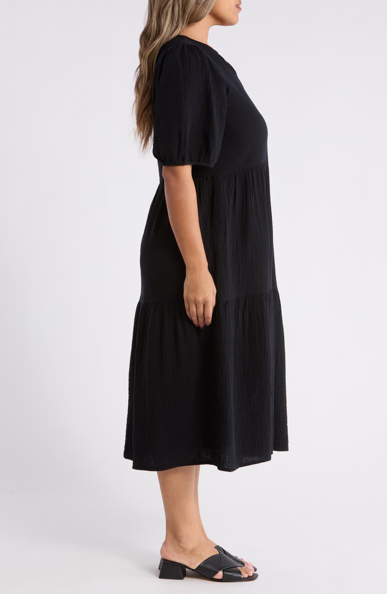 Caslon<sup>®</sup> Puff Sleeve Cotton Gauze Midi Dress, Alternate, color, Black