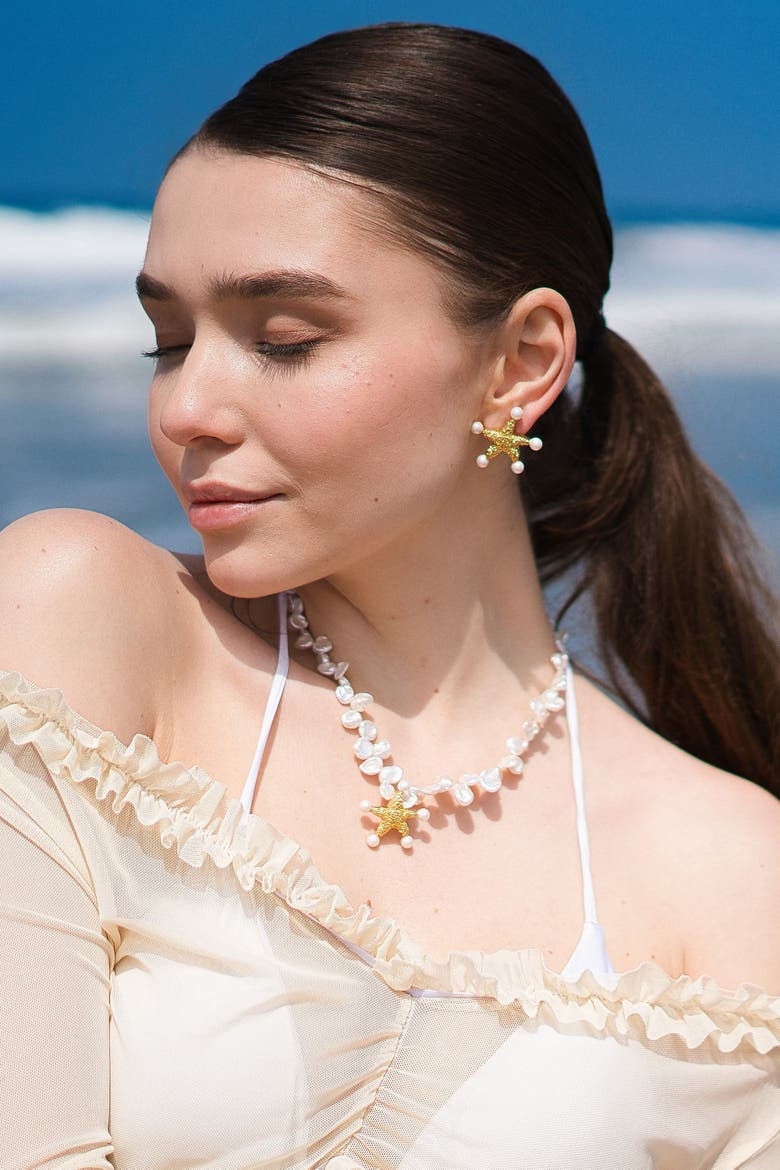 Lila Starfish Charm Freshwater Petal Pearl Choker Necklace, Alternate, color, Gold