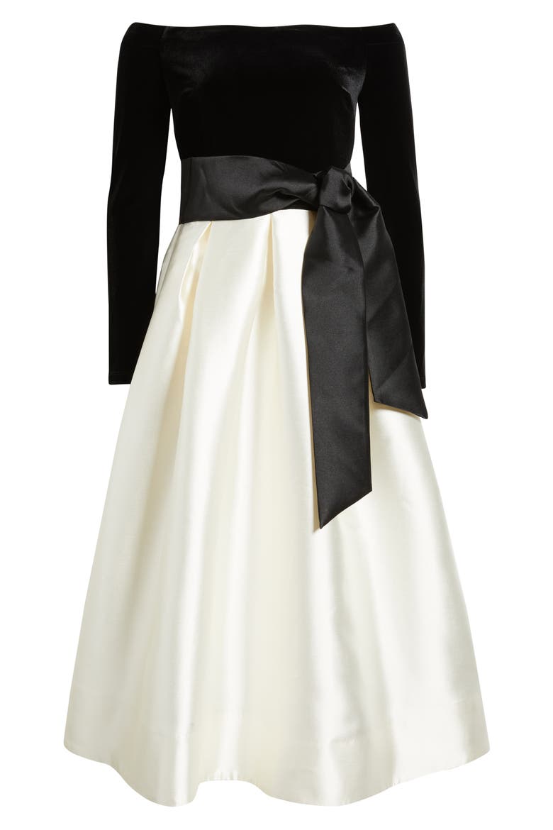 Off the Shoulder Long Sleeve Velvet Cocktail Midi Dress, Alternate, color, BLACK MULTI