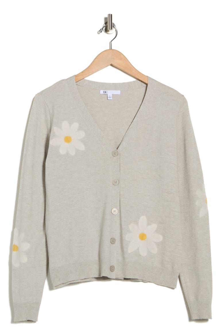 Floral Appliqué V-Neck Cardigan, Alternate, color, GREY/ IVORY