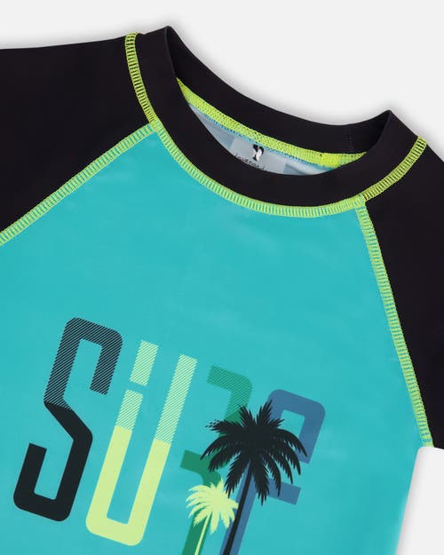 DEUX PAR DEUX DEUX PAR DEUX LITTLE BOY'S SHORT SLEEVE RASHGUARD BLACK AND TURQUOISE 