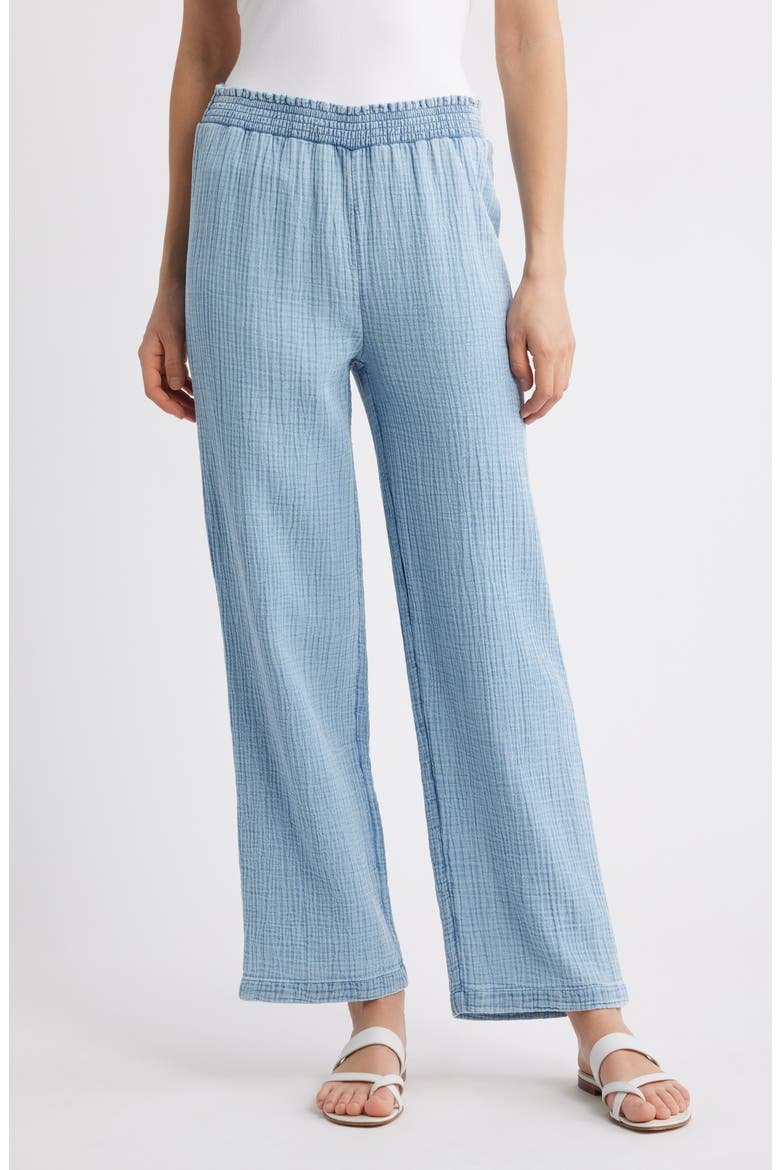 Cairo Smock Waist Cotton Pants, Main, color, BLUE ACID WASH