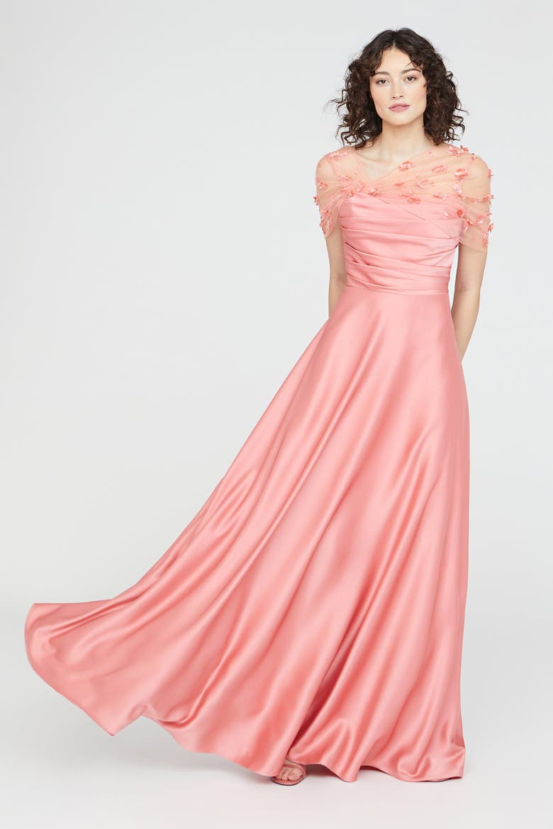 Luella Shawl Draped Gown, Alternate, color, Sugar Coral