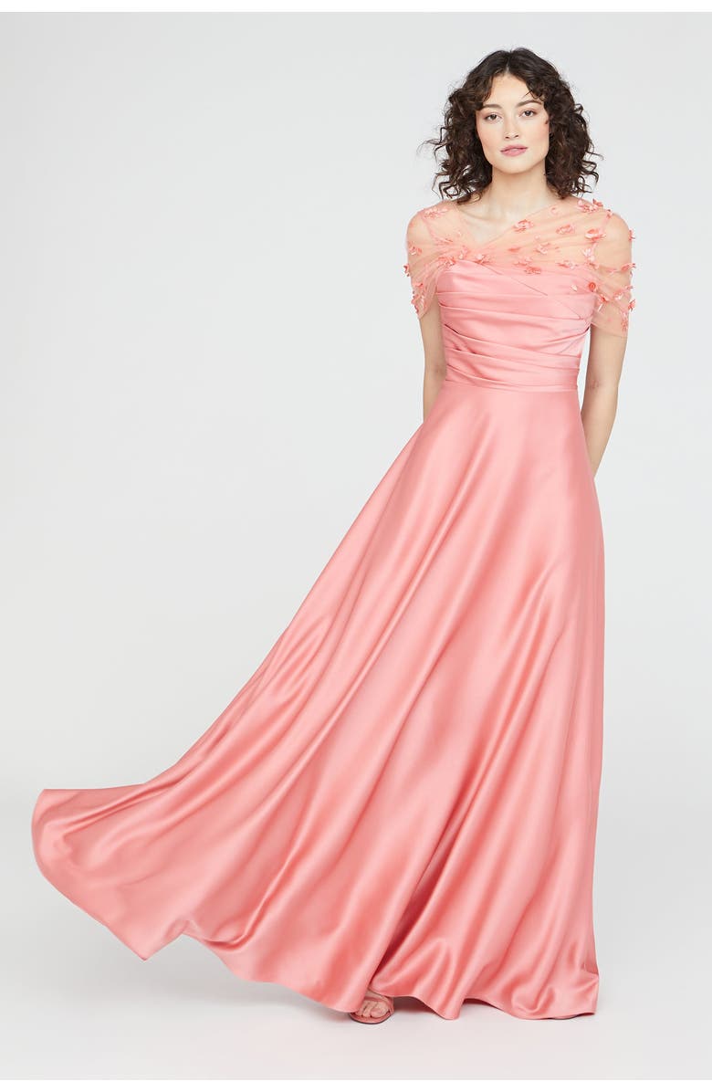 Theia Luella Shawl Draped Gown, Alternate, color, Sugar Coral