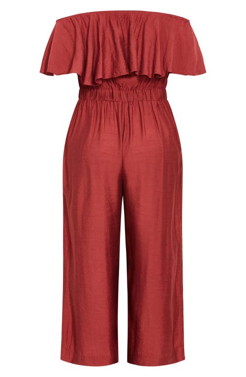 City Chic Serene Ruffle Off The Shoulder Jumpsuit In Brown