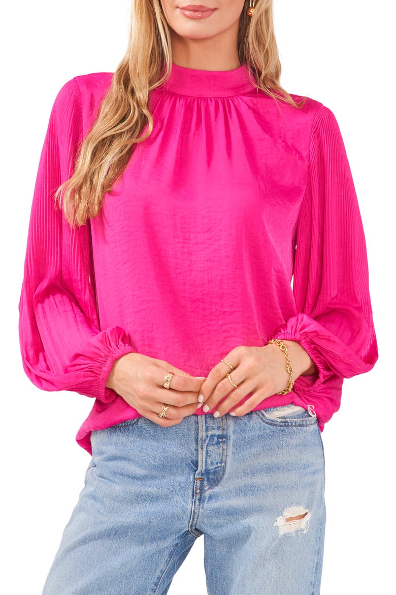 Pleated Long Sleeve Mock Neck Blouse, Main, color, POMEGRANTE PINK