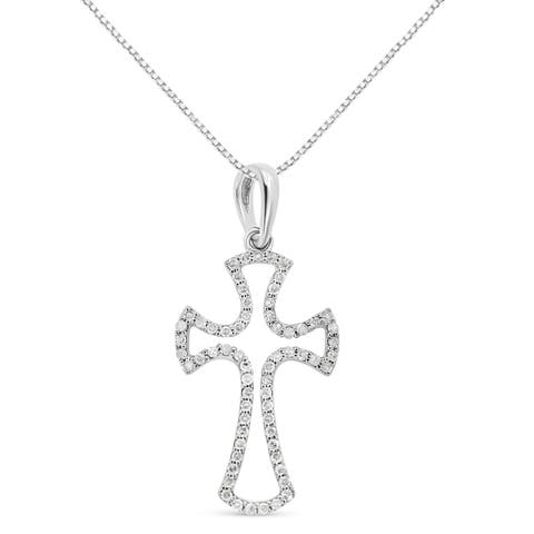 Silver 1/3 Cttw Diamond Framed Open Cross 18" Pendant Necklace