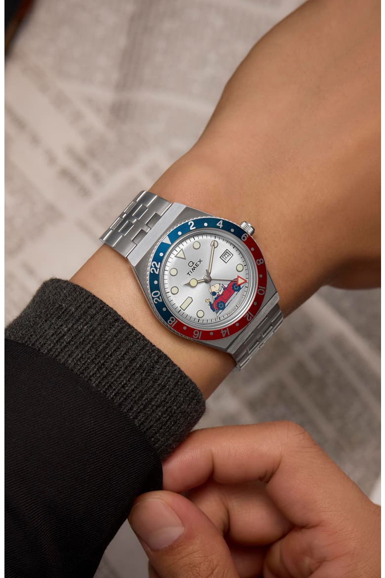 x Peanuts® Q Timex® GMT Bracelet Watch, 38mm, Alternate, color, STAINLESS STEEL