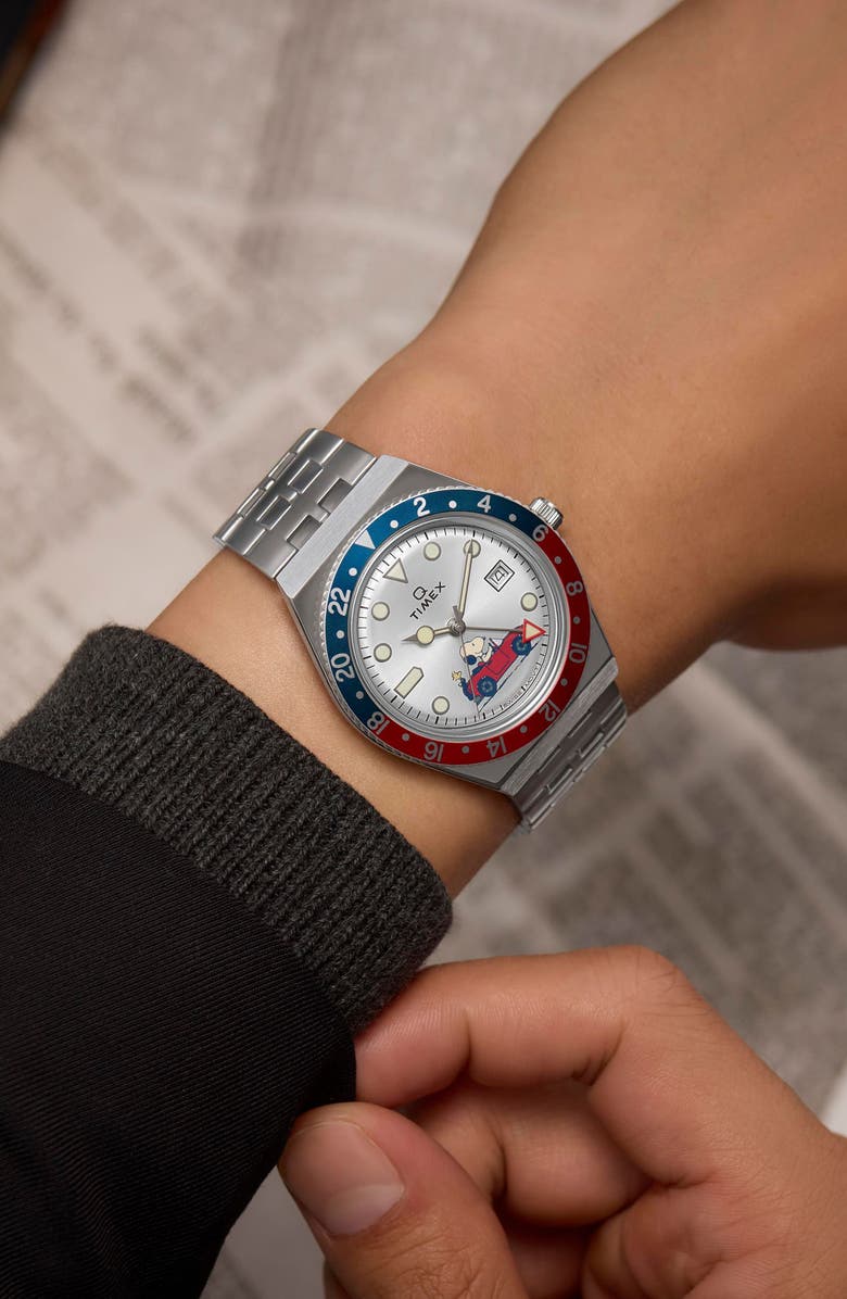 Timex<sup>®</sup> x Peanuts<sup>®</sup> Q Timex<sup>®</sup> GMT Bracelet Watch, 38mm, Alternate, color, Stainless Steel