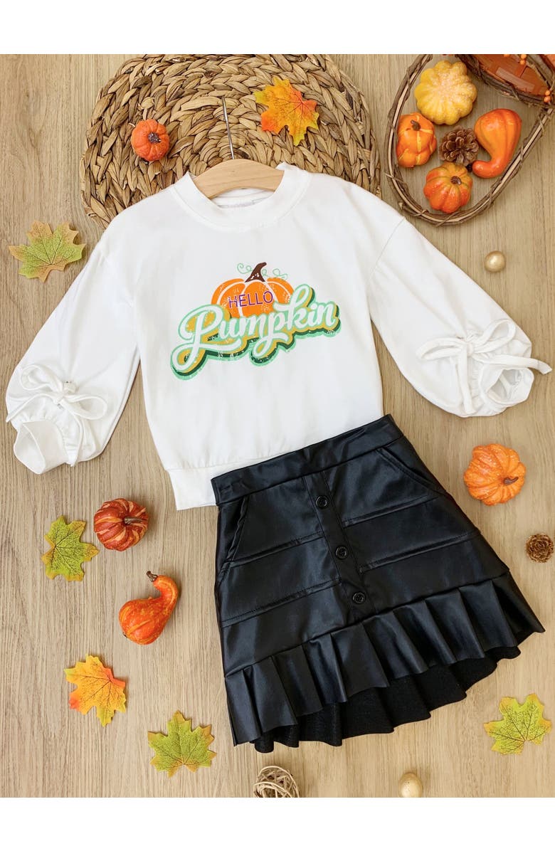 Mia Belle Girls Girls Hello Pumpkin Satin Pleated Skirt Set, Alternate, color, Crème