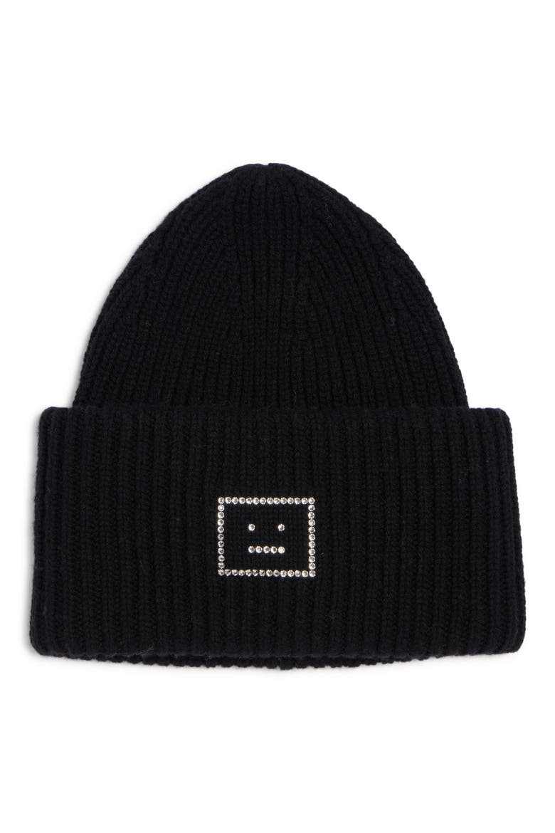 Pansy Crystal Face Wool Rib Beanie, Main, color, BLACK