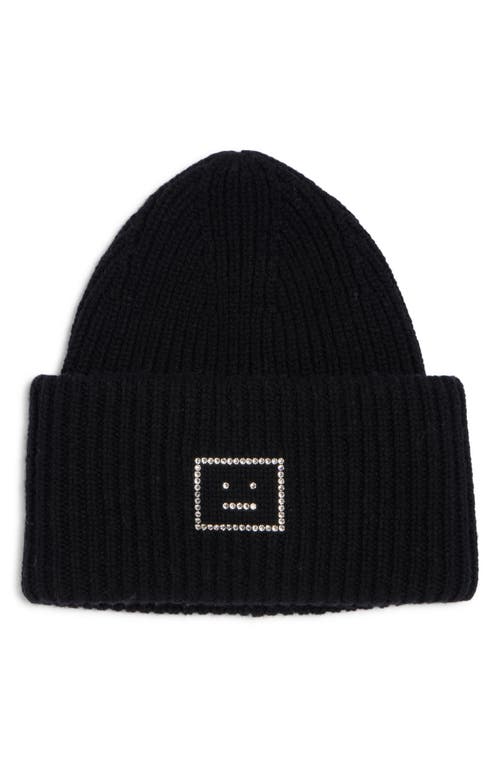 Acne Studios Pansy Crystal Face Wool Rib Beanie In Black
