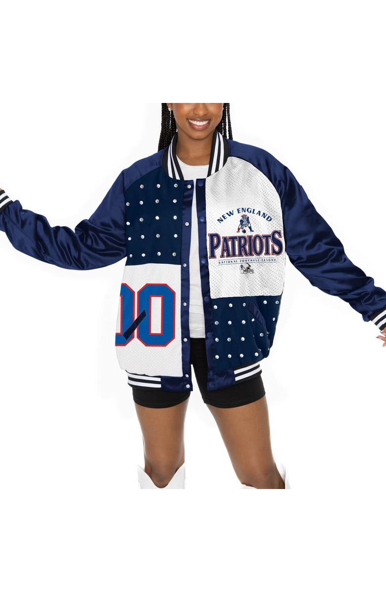 GAMEDAY COUTURE Women's Gameday Couture  Navy/White New England Patriots Oversized Hot Shot Rhinestone Throwback Full-Snap Varsity Bomber Jacket, Alternate, color, 