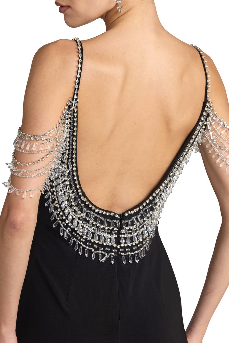 Crystal Beaded Scoop Back Jersey Gown with Slit, Alternate, color, Black