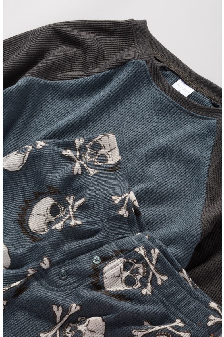 Kids' Two-Piece Henley Short Pajamas, Alternate, color, BLACK- BLUE SKULL BONE