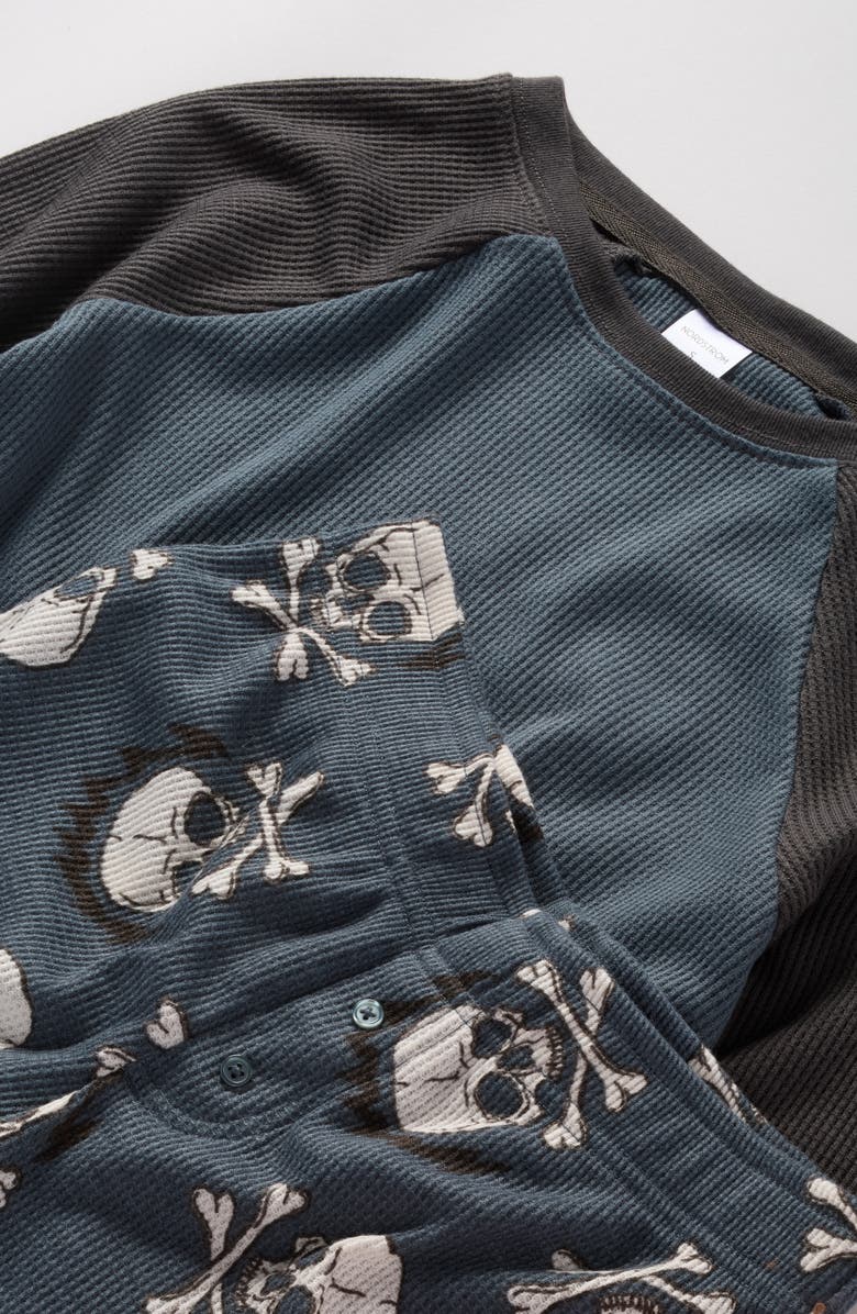 Nordstrom Kids' Two-Piece Henley Short Pajamas, Alternate, color, Black- Blue Skull Bone