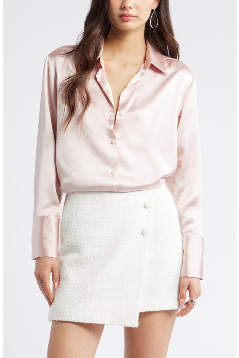 Relaxed Fit Satin Button-Up Shirt, Main, color, PINK SEPIA