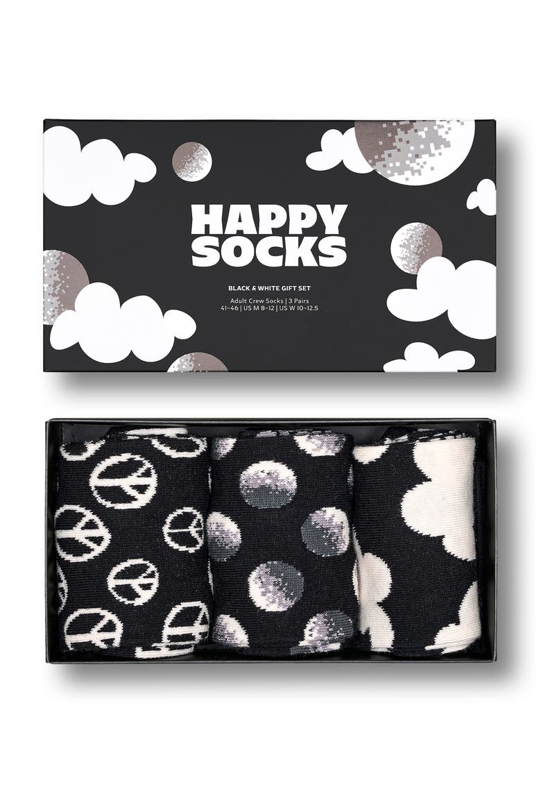 Assorted 3-Pack Black & White Crew Socks Gift Box, Alternate, color, BLACK