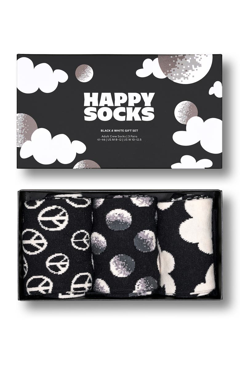 Happy Socks Assorted 3-Pack Black & White Crew Socks Gift Box, Alternate, color, Black