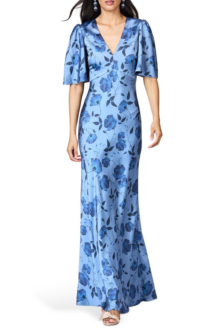 Mae Flutter Sleeve Mermaid Gown, Main, color, WILD STEEL ROSES