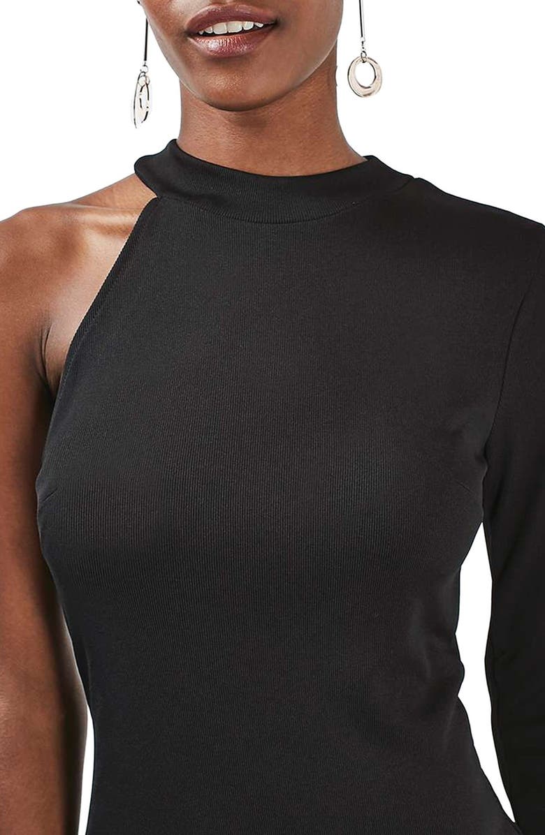 Topshop One Sleeve Ribbed Midi Dress, Alternate, color,