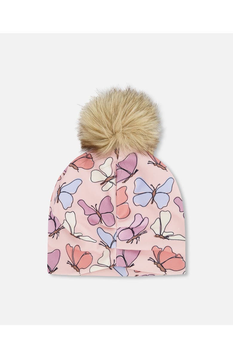 Deux par Deux Stretch Jersey Hat Printed Butterflies with Pompom, Alternate, color, Pink Printed Butterflies