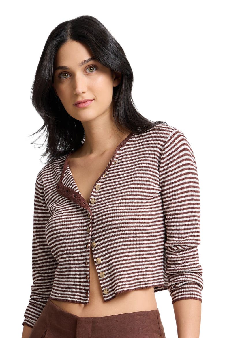Rib Linen Cardigan, Alternate, color, Brown/Egret