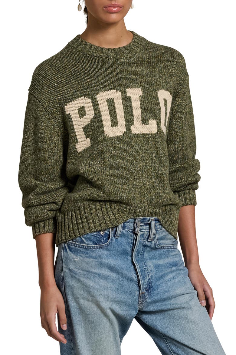 Logo Cotton Graphic Crewneck Sweater, Main, color, FIELD SAGE MARL