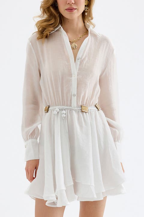 Alora TENCEL Button-Front Pleated Mini Shirt Dress