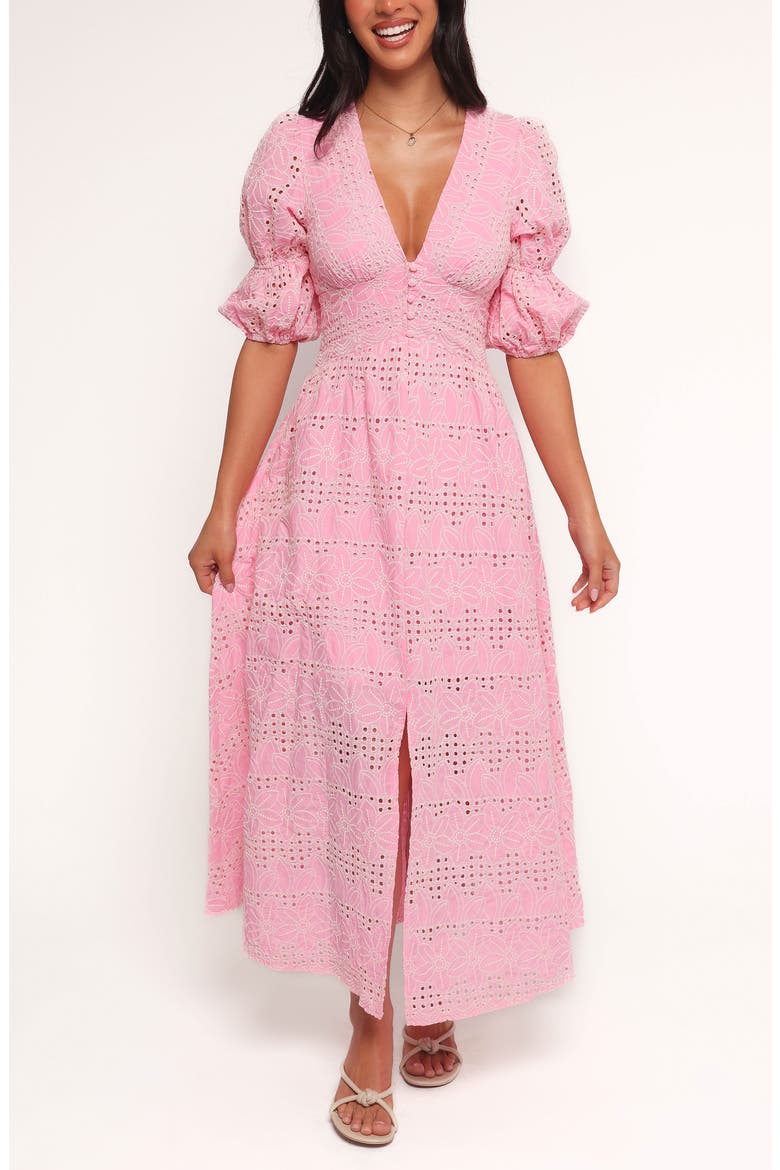 Tani Eyelet Puff Sleeve Cotton Blend Maxi Dress, Main, color, PINK