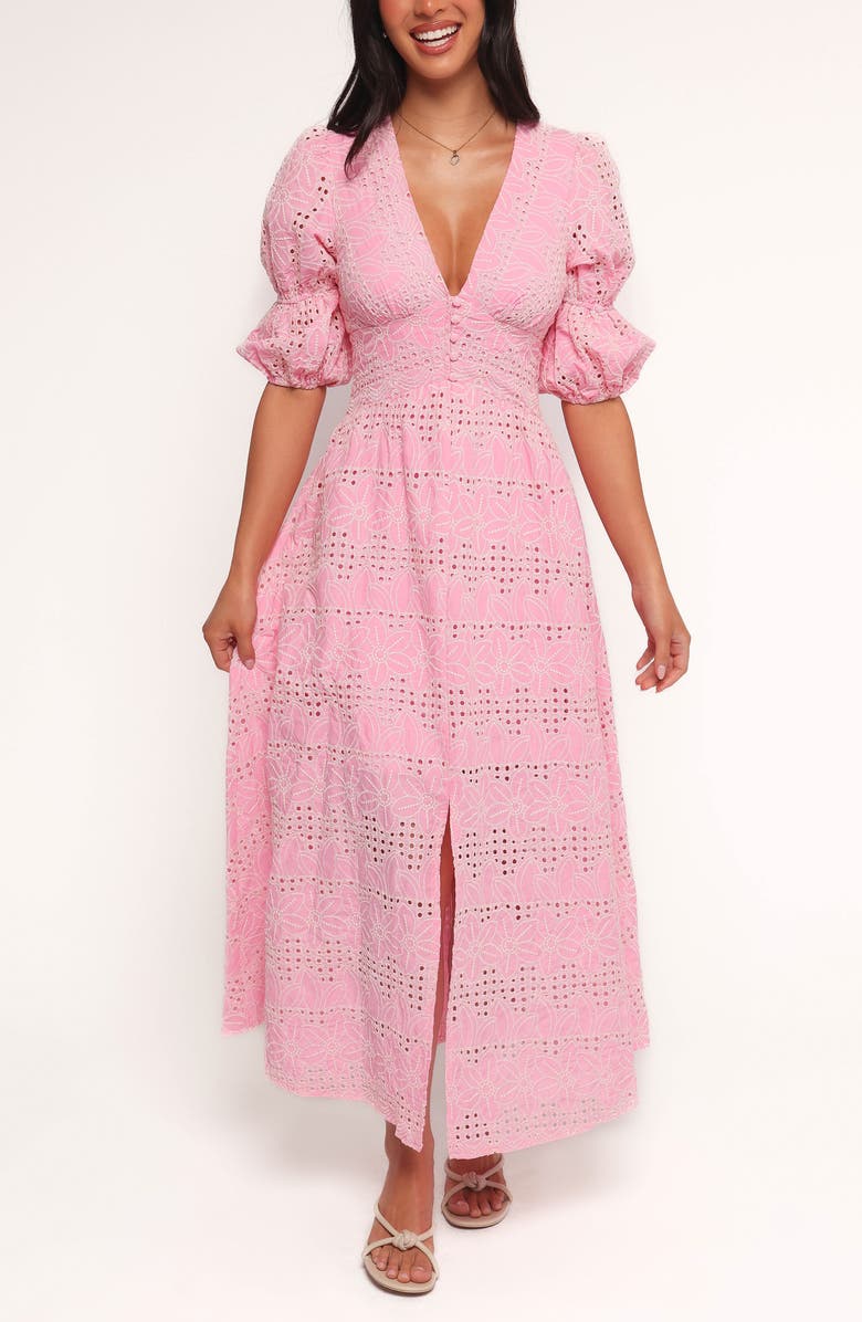 Petal & Pup Tani Eyelet Puff Sleeve Cotton Blend Maxi Dress, Main, color, Pink