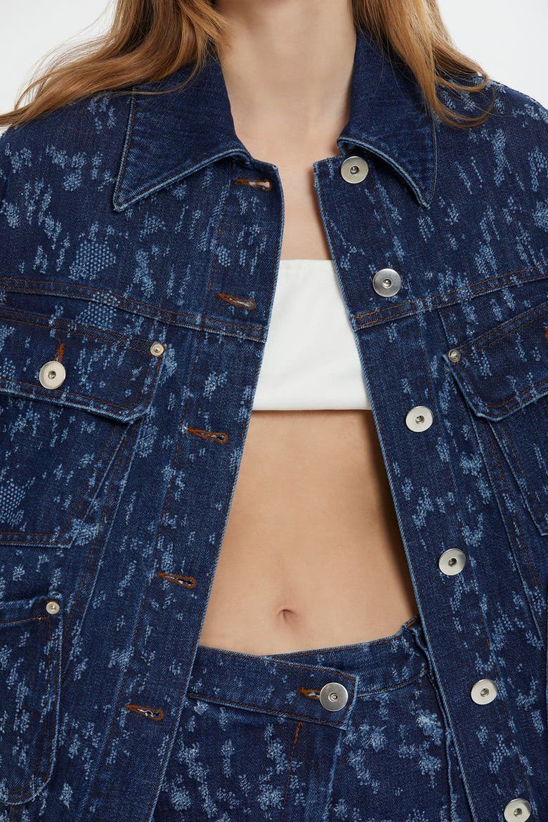 Patterned Navy Button-Front Denim Jacket, Alternate, color, Navy